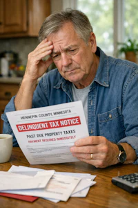 Overwhelmed man looking at delinquent tax notice